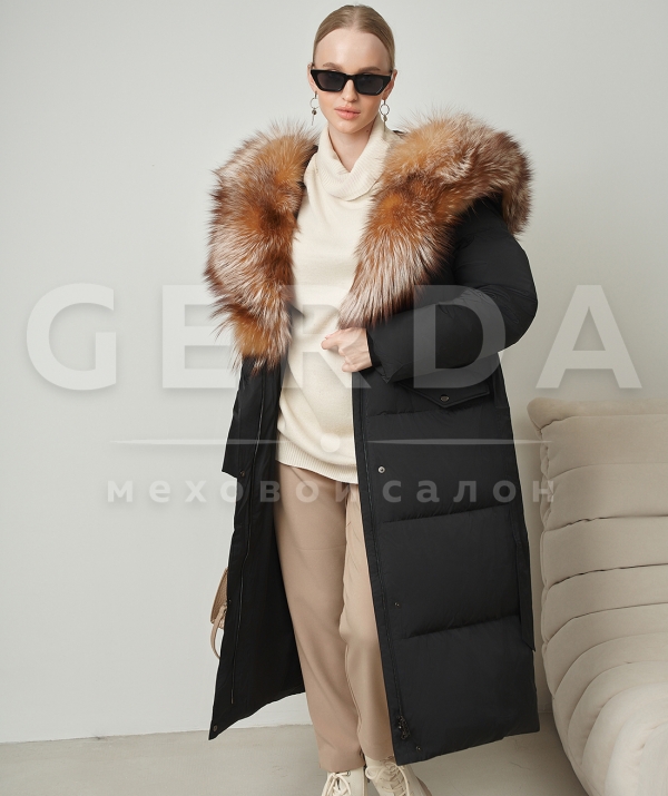 Пуховое пальто с мехом лисы 120 см черное