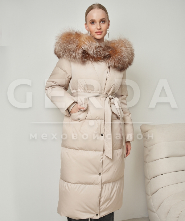 Пуховое пальто с мехом лисы 120 см беж