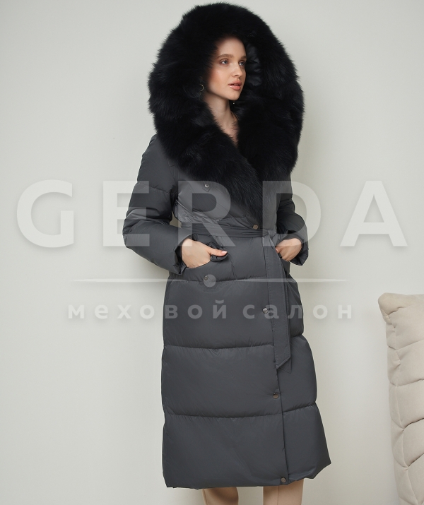Пуховое пальто зимнее с мехом песца 120 см графит
