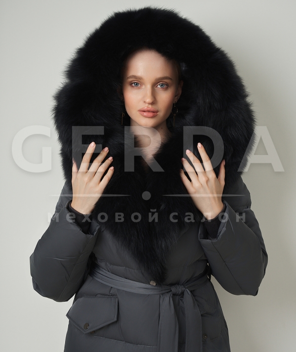 Пуховое пальто зимнее с мехом песца 120 см графит