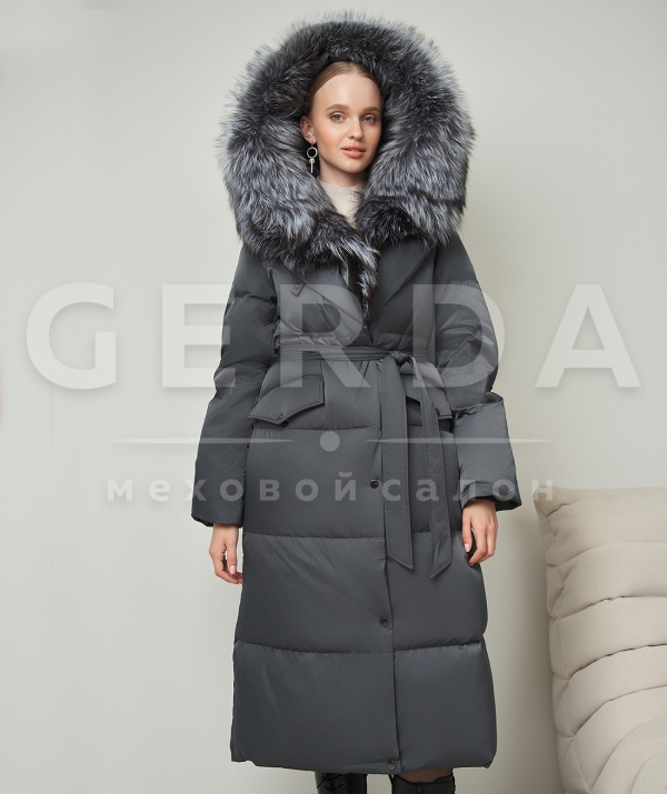 Пуховое пальто с мехом чернобурки 120 см графит